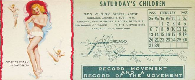 BLOTTER - CHICAGO - ADVERTISING FOR SOUTH SHORE LINE AND CHICAGO AURORA AND ELGIN - MUTOSCOPE-TYPE PIN-UP - THROW IN THE TOWEL - 1955